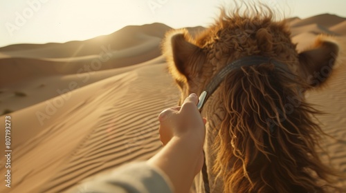 Traveler riding a camel in the desert, close-up on hand stroking camel's coarse hair, endless dunes behind photo
