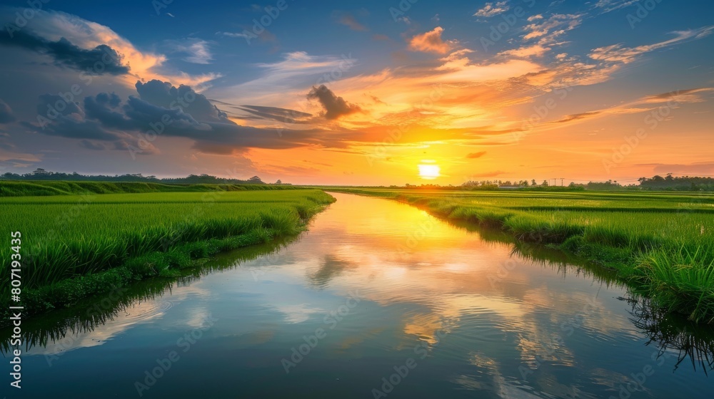 Golden hour over a tranquil river flowing through lush rice paddies, reflecting the colorful sky as the sun sets on the horizon. Golden hour over a tranquil river flowing through lush rice paddies, reflecting the colorful sky as the sun sets on the horizon.