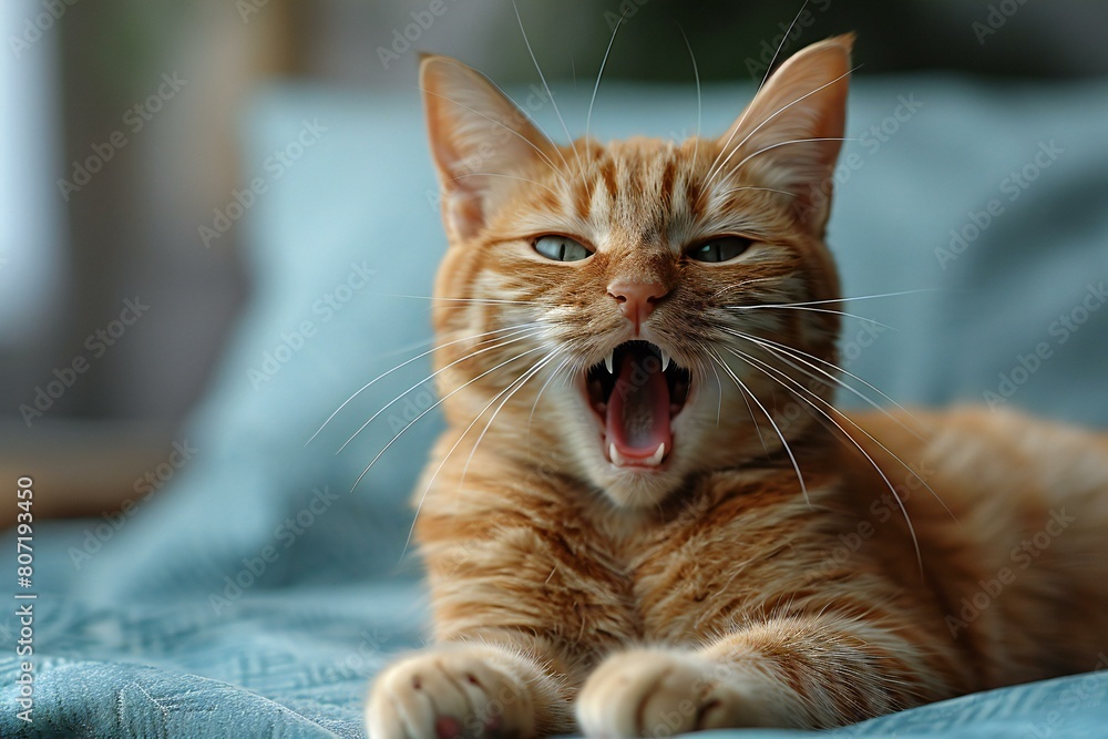 Cute ginger cat yawning on sofa at home, closeup