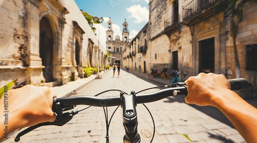 Solo traveler biking through a historic city, close-up on hands gripping handlebars, ancient architecture passing by 