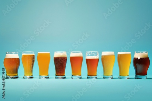 Many glasses of different beer on a blue background with space for text