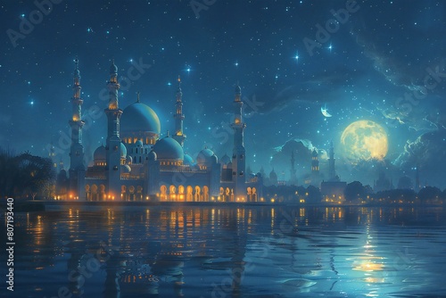 Illustration of mosque and moon at night, Ramadan Kareem background