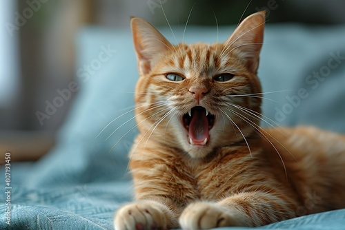 Cute ginger cat yawning on sofa at home, closeup © Cuong