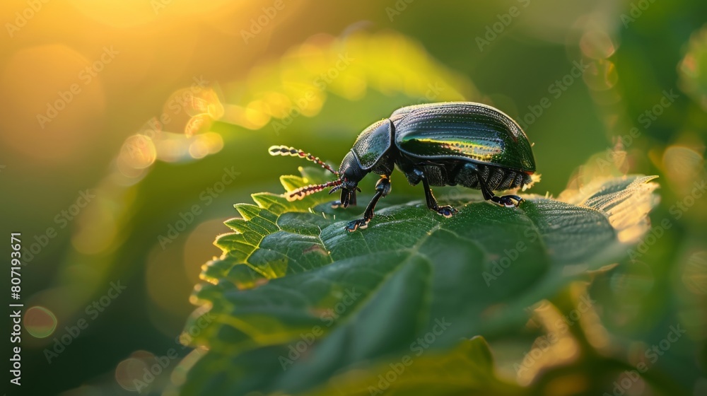 Macro shot of a beetle crawling on a leaf, its shiny exoskeleton reflecting the sunlight against the backdrop of green foliage. Macro shot of a beetle crawling on a leaf, its shiny exoskeleton reflecting the sunlight against the backdrop of green foliage.