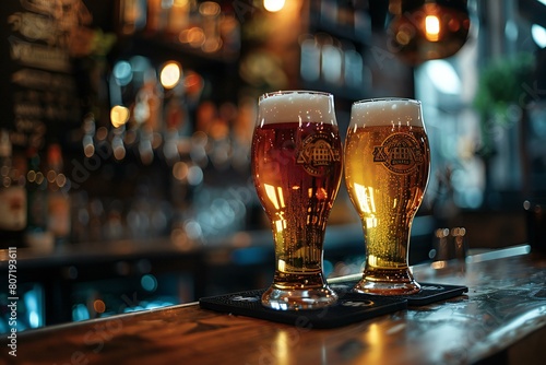 Two glasses of beer on a bar counter in a pub or restaurant