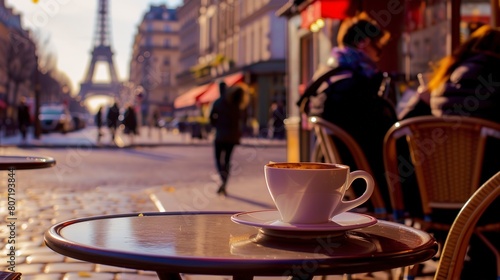 Tourist sipping coffee at a street cafÃ© in Paris, close-up on cup and distant Eiffel Tower, morning bustle 