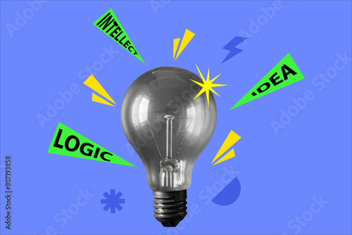 Halftone collage with a light bulb. Halftone collage with a light bulb and doodle elements. Concept of idea, development, intelligence. Vector illustration
