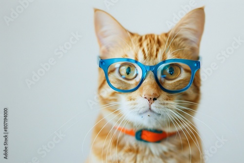 Cute ginger cat wearing blue eyeglasses with funny expression