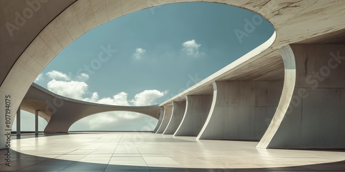 An architectural marvel with sweeping curves and clean lines against a blue sky, embodying modernism and elegance photo