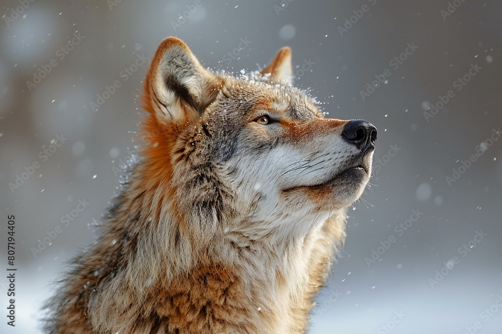Portrait of a wild wolf in the snow,  Wildlife scene from nature