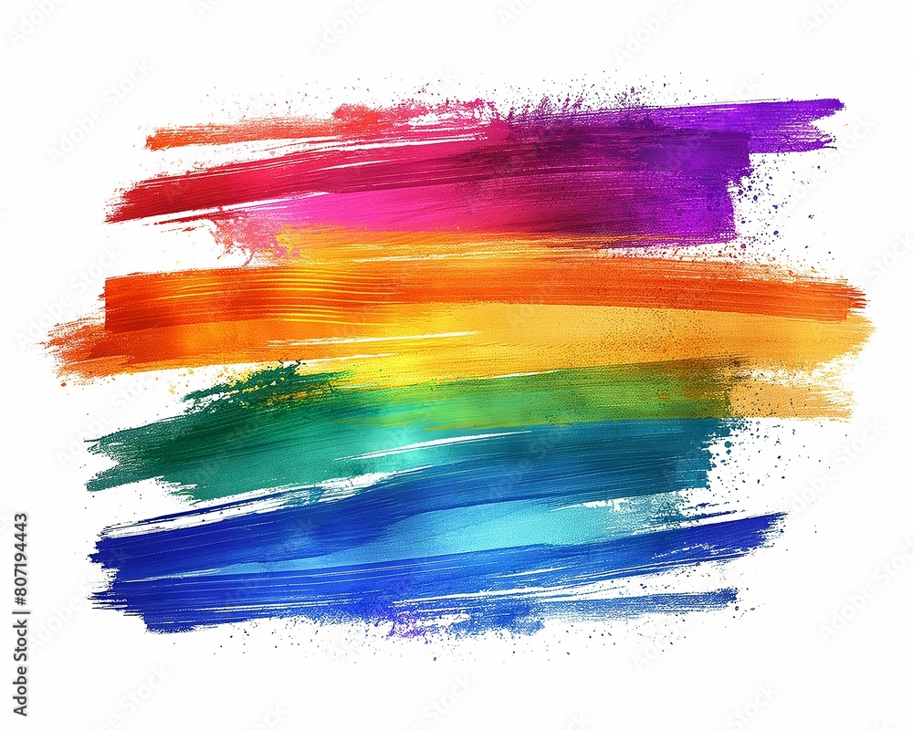 Happy Pride Month, Rainbow colored brush strokes on a white background, in the style of LGBT flag