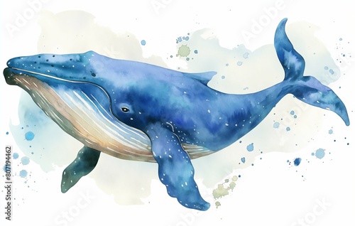 Watercolor simple cute blue whale  isolated on white background