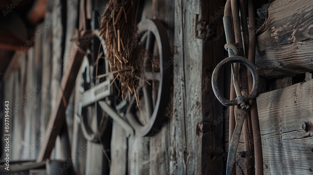Traveler exploring a rustic barn, close-up on weathered wooden textures and old tools, authentic farm life Traveler exploring a rustic barn, close-up on weathered wooden textures and old tools, authentic farm life