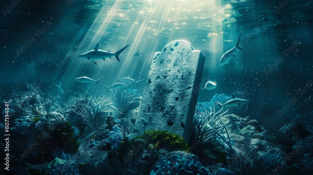 Fototapeta premium Underwater view of a sunken ship with sharks and rays of light