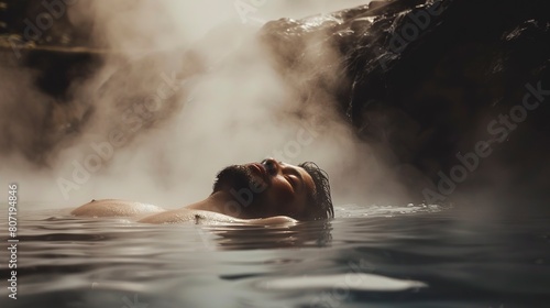Solo traveler relaxing in a thermal spring, close-up on content face surrounded by steam, serene setting 