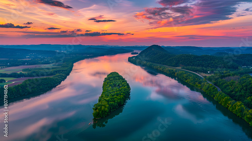 Spectacular Sunset Panorama over the Winding Tennessee River with Scenic Appalachian Background