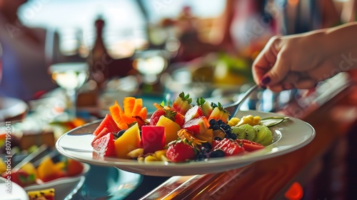Backpacker sampling gourmet buffet on a cruise, close-up on plate of exotic fruits, luxurious dining setting