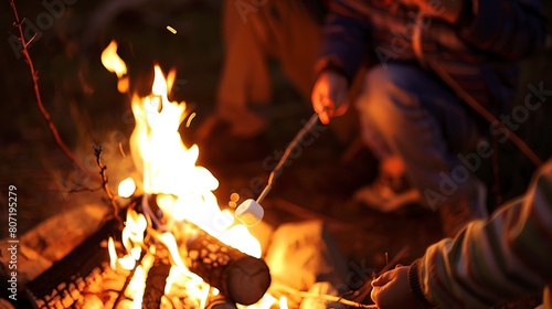 Parent and child roasting marshmallows over a campfire, close-up on sticks and fire, cozy evening 