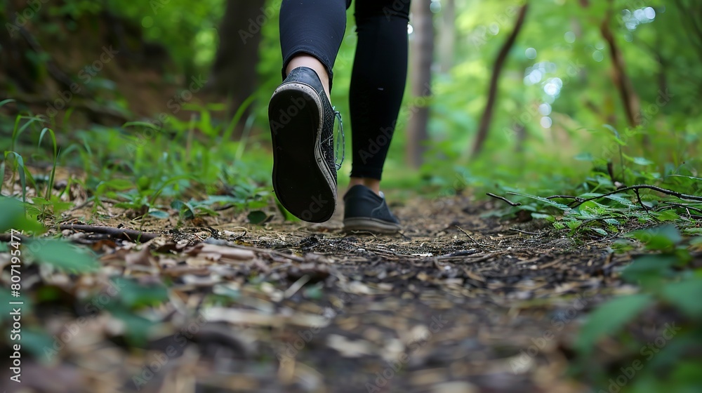 Tourist on a guided nature walk, close-up on feet treading lightly on a forest path, eco-friendly exploration Tourist on a guided nature walk, close-up on feet treading lightly on a forest path, eco-friendly exploration