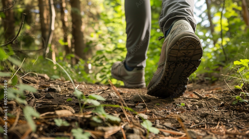 Tourist on a guided nature walk, close-up on feet treading lightly on a forest path, eco-friendly exploration Tourist on a guided nature walk, close-up on feet treading lightly on a forest path, eco-friendly exploration