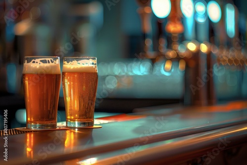 Two glasses of beer on a bar counter in a pub or restaurant