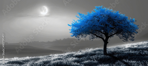 Black and white landscape blue tree in field. Image with copyspace © Susana