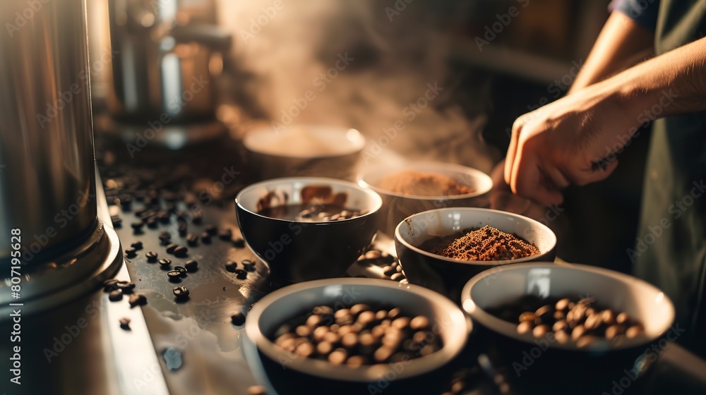 Backpacker enjoying a coffee cupping session, close-up on tasting coffee, rich beans and steam rising Backpacker enjoying a coffee cupping session, close-up on tasting coffee, rich beans and steam rising