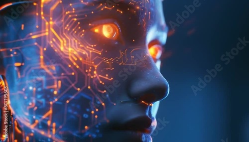 A digital artwork featuring an AI robot head with circuitry and glowing lights