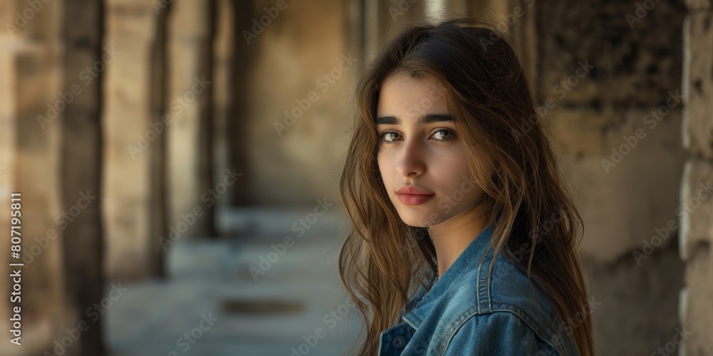 Fototapeta premium A thoughtful young woman gazes into the distance, a recreation setting as backdrop