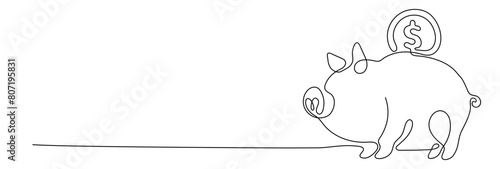 Piggy bank in continuous line art drawing style. Pig moneybox black linear sketch isolated on white background. Vector illustration