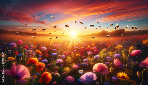 World Bee Day  Bees Flying at Sunrise Over Colorful Meadow