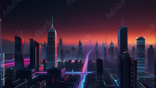 "Experience a neon dream with our 3D render of a futuristic cityscape, complete with glowing ascending lines and abstract shapes. Perfect for a fantastic wallpaper that will transport you to another w