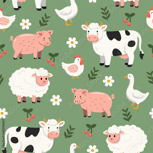 Colorful funny cute farm animals pattern