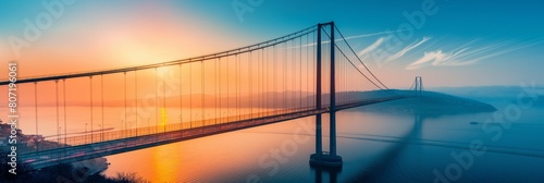 A stunning shot of a large suspension bridge stretching across a bay at sunset, featuring warm colors and soft lighting photo