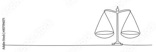 One continuous line drawing of law balance and scale of justice. Symbol and logo of equality