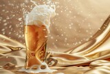 Frosty glass of beer with splashes on golden cloth background