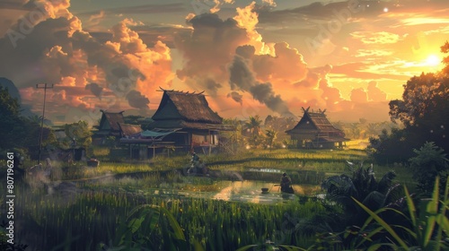 Rural village nestled among rice fields, with smoke rising from chimneys as families prepare dinner against the backdrop of the setting sun.