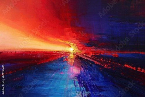 Abstract scene of the sun on a background of blue and red sky