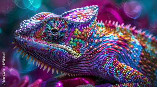 A closeup of a rainbow chameleon with vibrant colors and intricate patterns, set against a blurred background of bokeh lights, in the style of digital art.