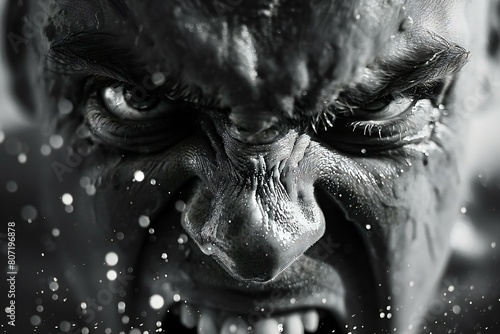 Close up of scary zombie face, Horror film, Black and white