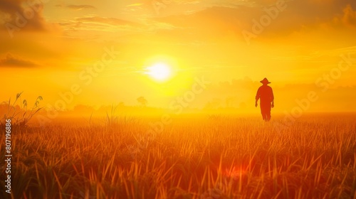 Silhouette of a farmer walking through golden rice paddies as the sun dips below the horizon, signaling the end of another day's work.