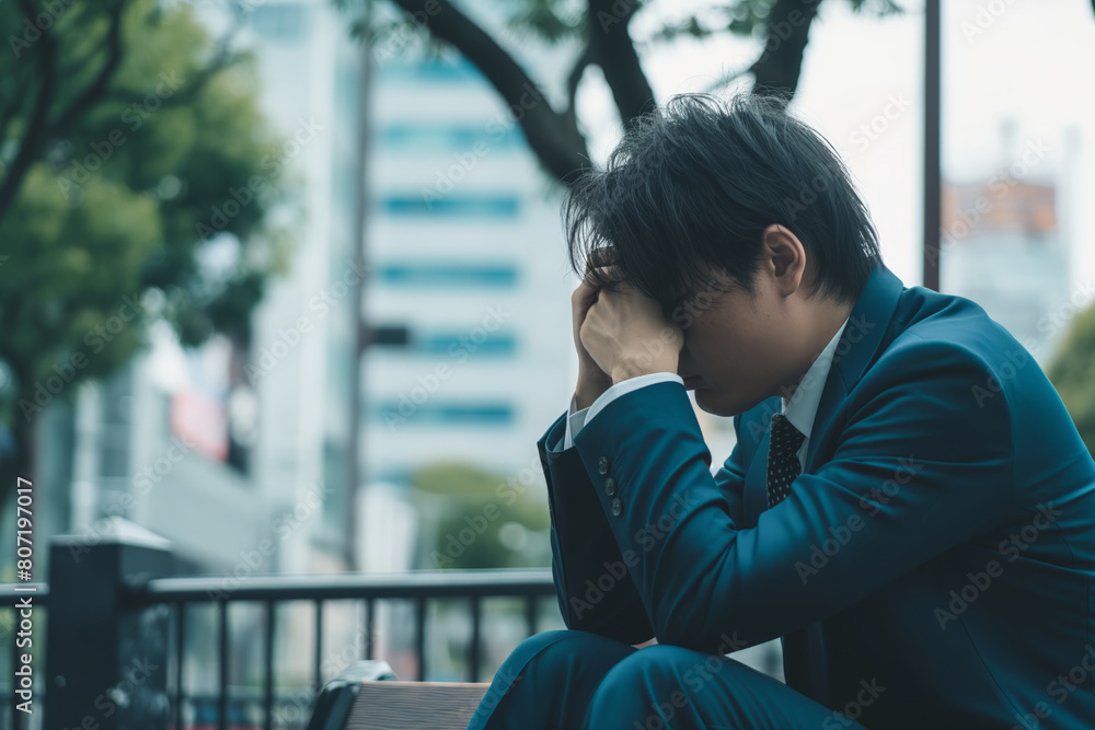 A man in a suit looking upset and depressed, sitting on a bench outdoors.