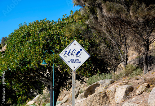 Notice that says give way to penguins seeks to protect the animal nature of Granite Island in Australia.