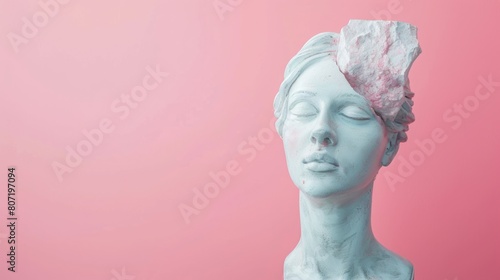 Colorful modern art collage with plaster head statue and portrait.
