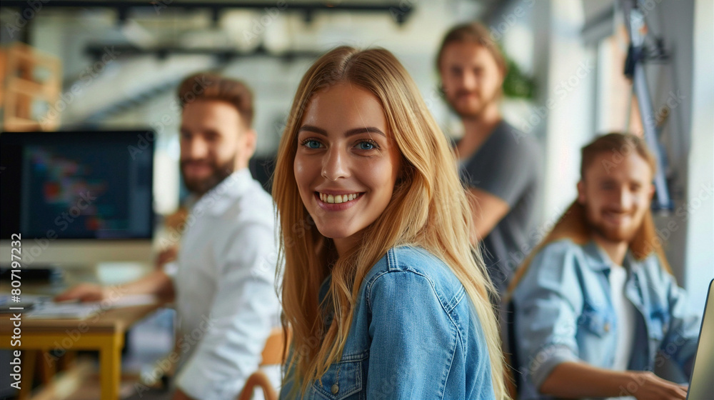 Smiling blonde woman in blue jean jacket in front of blurred background of diverse coworkers in casual clothes working in bright modern office interior Smiling blonde woman in blue jean jacket in front of blurred background of diverse coworkers in casual clothes working in bright modern office interior
