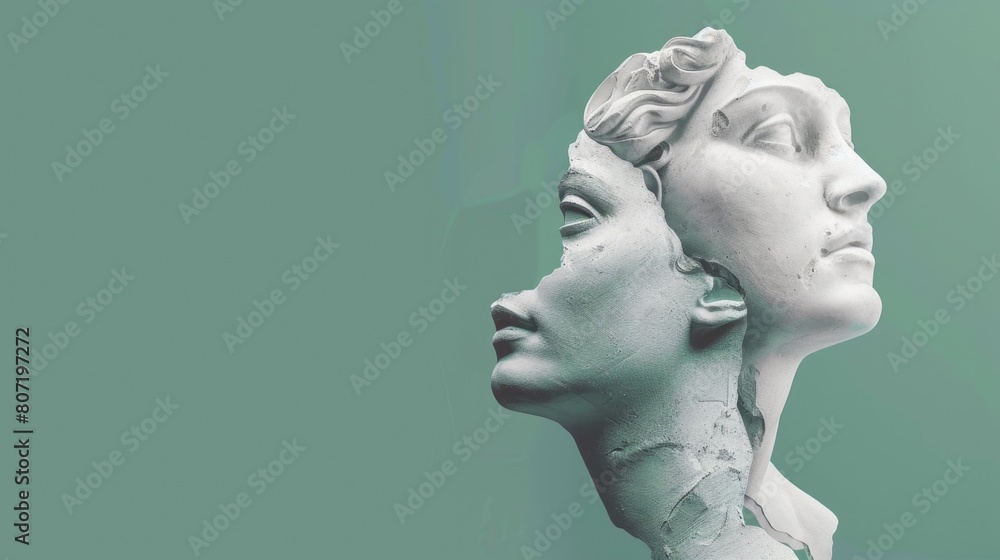 Bright art collage with plaster head statue and portrait. Bright art collage with plaster head statue and portrait.