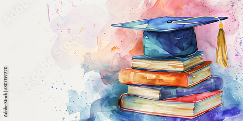 A vibrant watercolor style illustration of a graduation cap resting on a stack of colorful books, symbolizing achievement and the joy of learning.