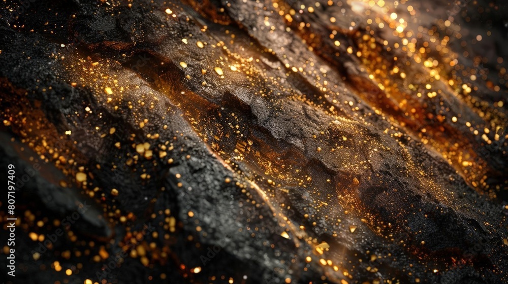 Closeups of natural gold veins, bright nuggets and flakes sparkling in dark earth, raw mineral beauty Closeups of natural gold veins, bright nuggets and flakes sparkling in dark earth, raw mineral beauty