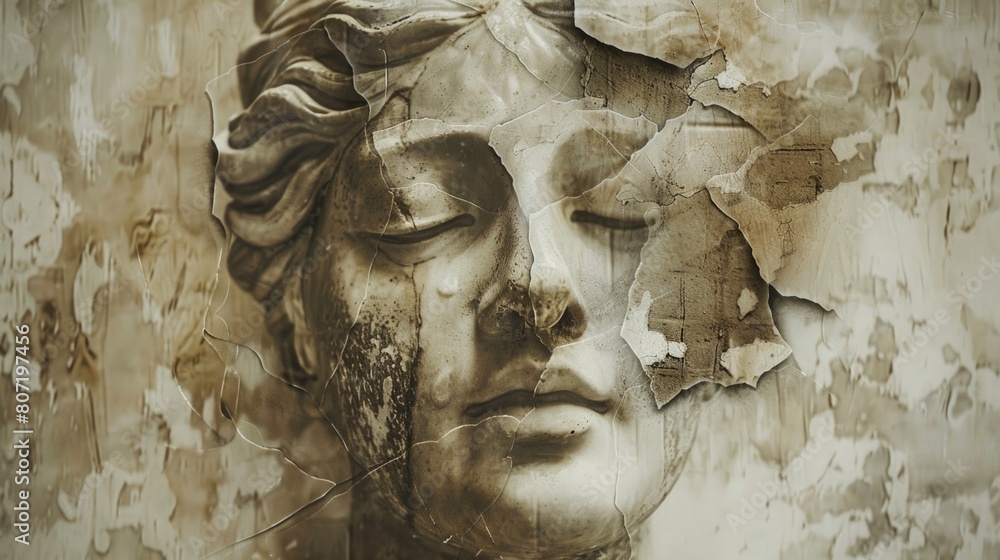 Surreal contemporary art collage featuring antique statue head.