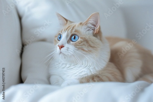 Beautiful cat with blue eyes lying on sofa at home, closeup